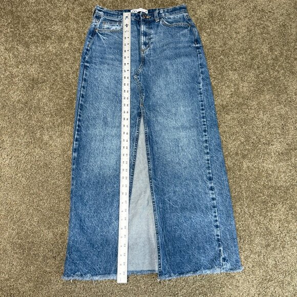 Zara Maxi Denim Skirt Womens XS Y2K Jean Blue Front Slit Streetwear Frayed 90s - Picture 7 of 13